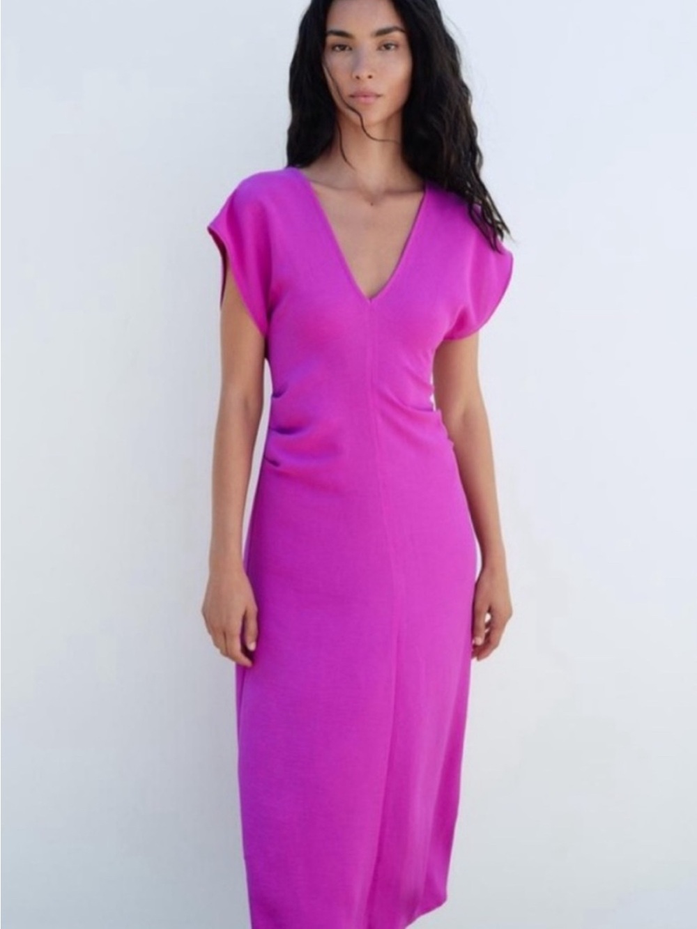 ZARA Fuchsia V-Neck Cap Sleeve Midi Dress S